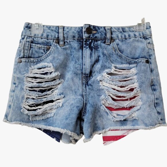 Refuge women's jean shorts size 0 factory distressed USA flag pockets visable‎ - Picture 1 of 7